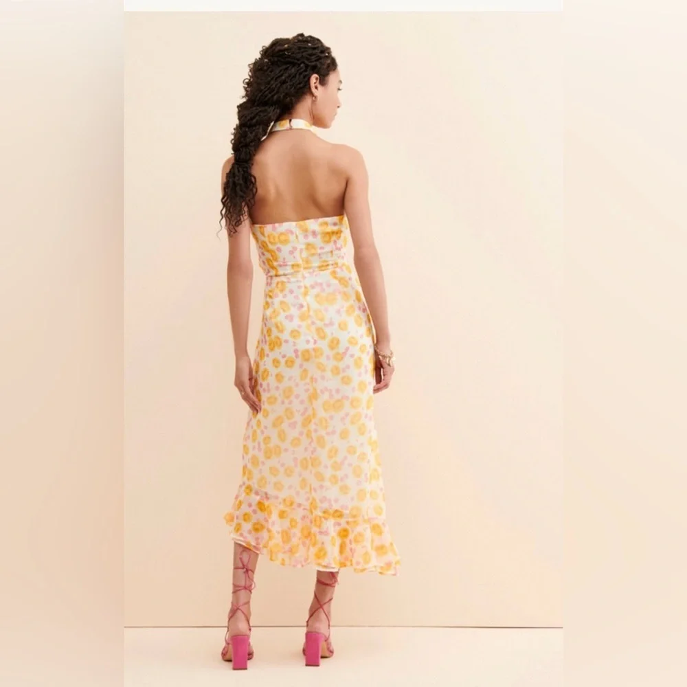 Floral Wrap Halter Dress, size XS, bridal shower, vacation, formal midi dress - Picture 3 of 15